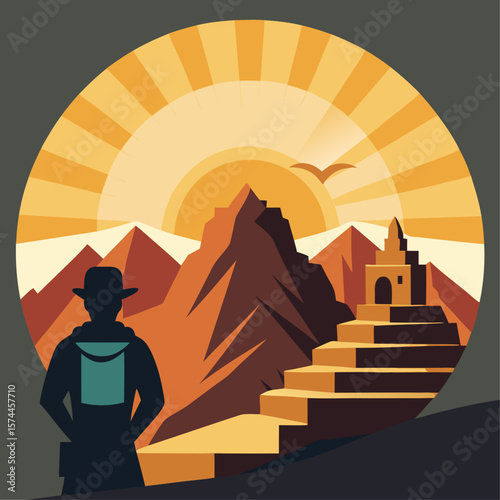 A man is standing on a mountain, looking at the sun as it sets behind him. He is wearing a backpack and he is enjoying the beautiful scenery. The mountains in the background are majestic
