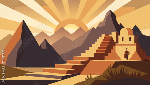 A man is standing on a mountain, looking at the sun as it sets behind him. He is wearing a backpack and he is enjoying the beautiful scenery. The mountains in the background are majestic
