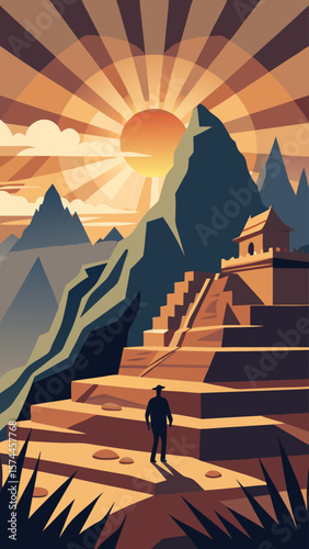 A man is standing on a mountain, looking at the sun as it sets behind him. He is wearing a backpack and he is enjoying the beautiful scenery. The mountains in the background are majestic