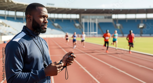 Fototapeta Naklejka Na Ścianę i Meble -  African american coach timing runners with a stopwatch on a track in a stadium on a sunny day