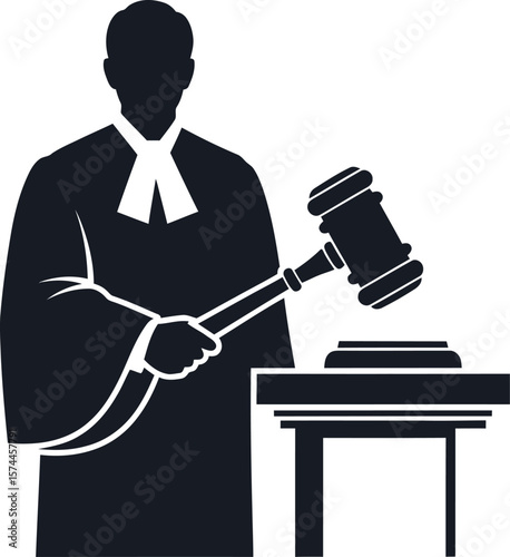 A judge with a gavel at a desk, isolated on white background
