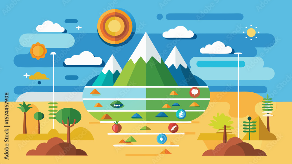 Naklejka premium A mountain range with a blue sky and a sun in the background. The mountains are covered in trees and there is a river in the foreground