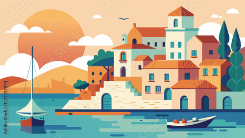 A painting of a city with a boat in the water. The boat is small and is in the foreground. The city is in the background and has a lot of buildings. The sky is orange and the sun is setting