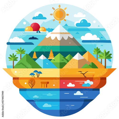 A mountain range with a blue sky and a sun in the background. The mountains are covered in trees and there is a river in the foreground