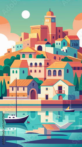 A painting of a city with a boat in the water. The boat is small and is in the foreground. The city is in the background and has a lot of buildings. The sky is orange and the sun is setting