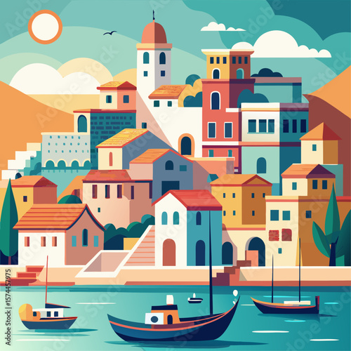A painting of a city with a boat in the water. The boat is small and is in the foreground. The city is in the background and has a lot of buildings. The sky is orange and the sun is setting