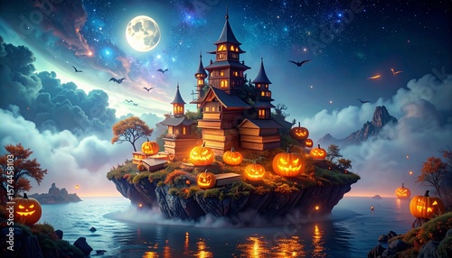 Generated image: Fairytale Castle Island with Halloween Pumpkins Under Full Moon