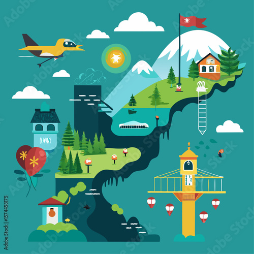 A vibrant and lively cityscape is depicted in this colorful map. The map features various elements such as a house, a tree, a building, a bridge, and a house. The sky is filled with clouds