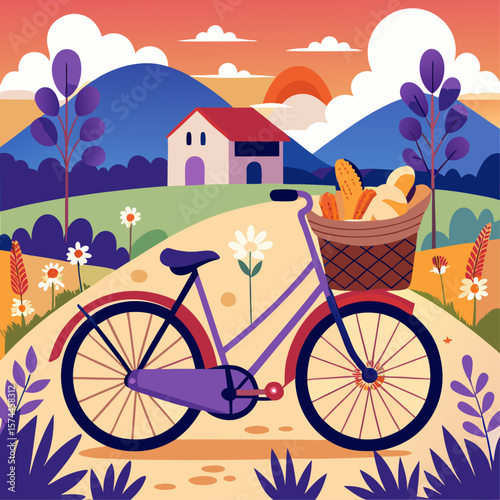 A bicycle is parked in front of a house with a basket full of bread. The scene is set in a rural area with a beautiful sunset in the background. Scene is peaceful and serene, with the bike