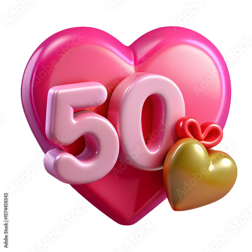 Pink and gold hearts with number 50 decoration isolated on black background isolated on a transparent background