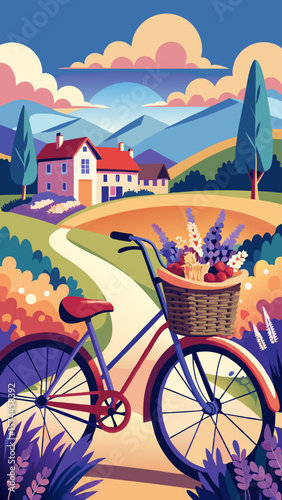 A bicycle is parked in front of a house with a basket full of bread. The scene is set in a rural area with a beautiful sunset in the background. Scene is peaceful and serene, with the bike