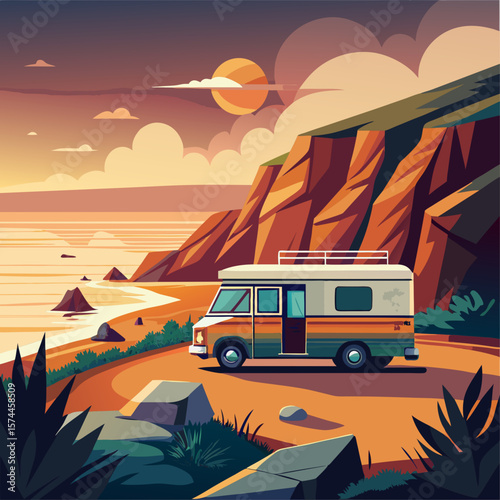 A vintage RV is parked on a dirt road near the ocean. The scene is serene and peaceful, with the sun setting in the background. The RV is the main focus of the image