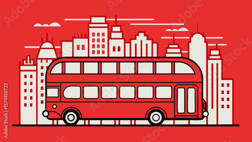 A red double decker bus is driving through a city. The bus is the main focus of the image, and it is a popular mode of transportation in the city