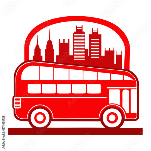A red double decker bus is driving through a city. The bus is the main focus of the image, and it is a popular mode of transportation in the city
