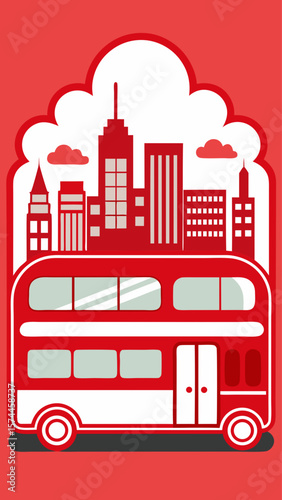 A red double decker bus is driving through a city. The bus is the main focus of the image, and it is a popular mode of transportation in the city