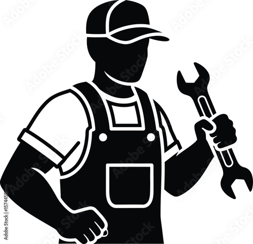 A mechanic in overalls holding a wrench, isolated on white background
