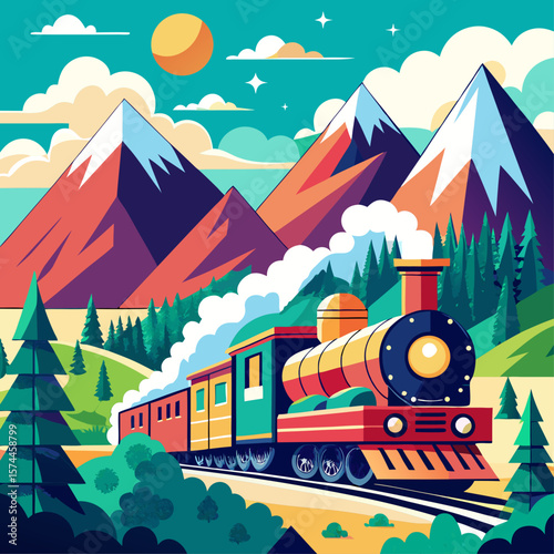 A colorful train is traveling through a mountainous landscape. The train is surrounded by trees and mountains, and the sky is filled with clouds. The scene is peaceful and serene