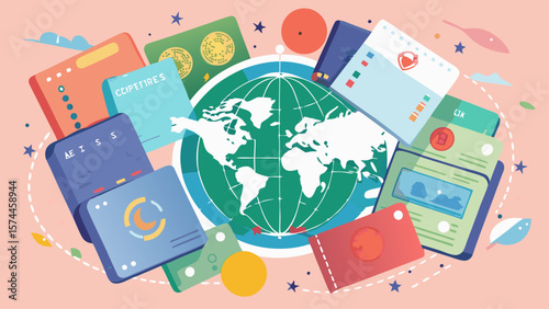 A colorful illustration of a globe with a wallet, passport, and cell phone. Concept of travel and adventure