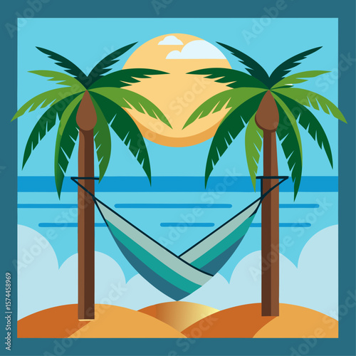 A beach scene with two palm trees and a hammock. The hammock is hanging between the two trees, providing a relaxing spot for someone to rest and enjoy the view of the ocean. The palm trees are tall