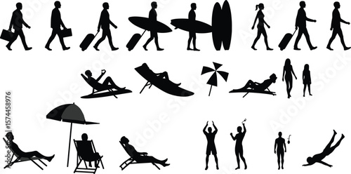 Beach vacation silhouettes, surfing, sunbathing, walking travelers, beach chairs, umbrellas, diving, tropical leisure, summer people, travel lifestyle