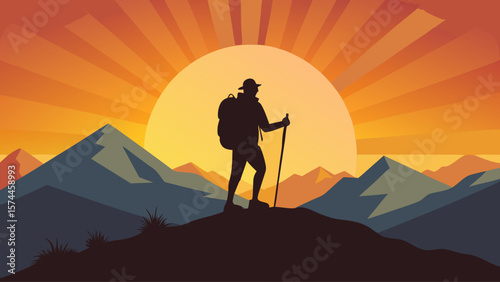 A man is standing on a mountain with a backpack and a walking stick. The sun is setting behind him, casting a warm glow over the scene. Concept of adventure and exploration