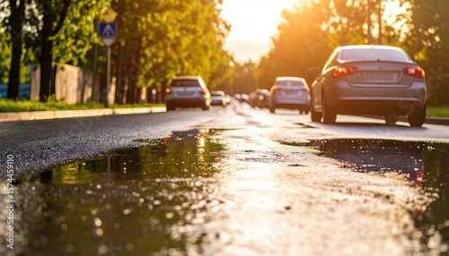 City street at sunset with puddles