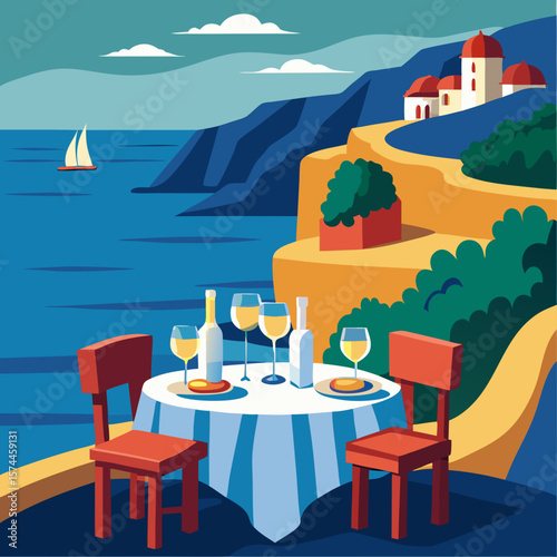 A table with two chairs and a bottle of wine is set up on a beach. The scene is peaceful and relaxing, with the ocean in the background and a sailboat visible in the distance