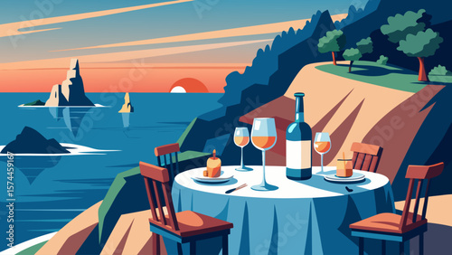A table with two chairs and a bottle of wine is set up on a beach. The scene is peaceful and relaxing, with the ocean in the background and a sailboat visible in the distance