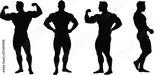 Bodybuilder silhouettes, flexing male body, fitness posing, muscular figure, gym model, workout shape, strong man stance, athletic icon