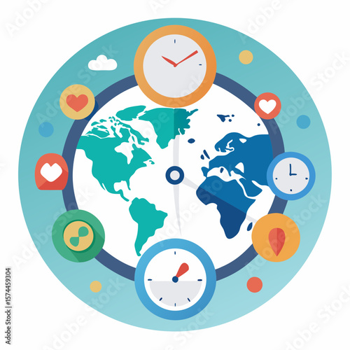 A colorful clock with the hands on the number 12 and 6. The clock is surrounded by various symbols and numbers, including a heart and a green circle. Concept of time passing