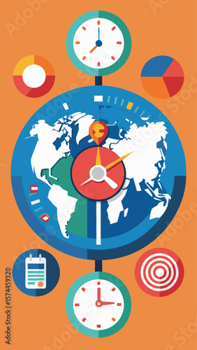 A colorful clock with the hands on the number 12 and 6. The clock is surrounded by various symbols and numbers, including a heart and a green circle. Concept of time passing
