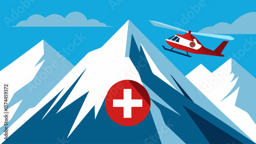 A red and white helicopter is flying over a mountain range. The helicopter is carrying a red cross on its side, which suggests that it is a medical helicopter. Concept of adventure and excitement