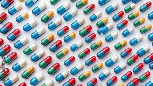 Colorful medicine capsules arranged neatly