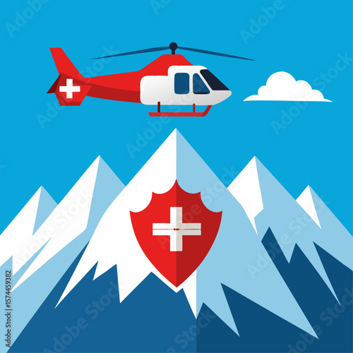 A red and white helicopter is flying over a mountain range. The helicopter is carrying a red cross on its side, which suggests that it is a medical helicopter. Concept of adventure and excitement