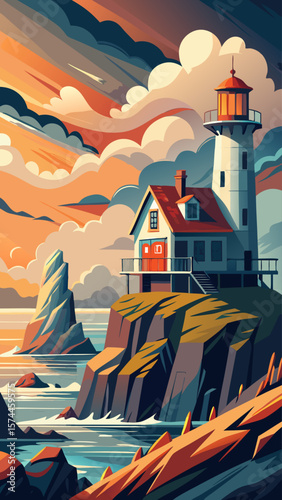 A lighthouse is on a rocky shore near a body of water. The sky is cloudy and the water is choppy