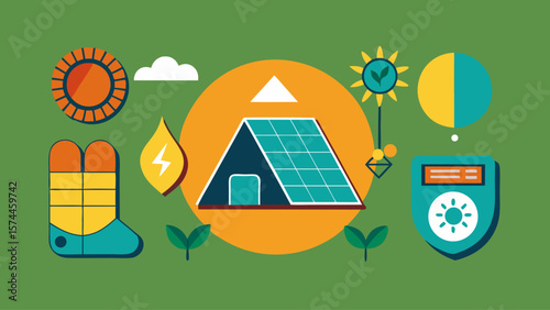 A green background with a house, tent, and other items. The house is a solar panel