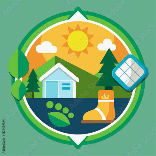 A green background with a house, tent, and other items. The house is a solar panel