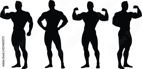 Bodybuilder silhouettes, flexing muscles, male physique, strong man poses, muscular build, fitness icons, workout shape, gym strength modeling