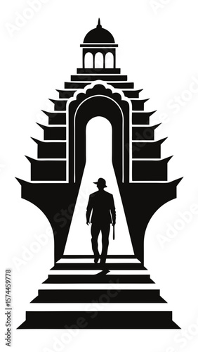 A man is walking up a set of stairs in front of a large building. The image has a sense of grandeur and mystery, as the man is on a journey or quest. The architecture of the building