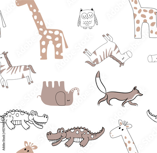 illustration vector cute animals seamless pattern for kids, abstract giraffe and elephant vector design with funny zebra and fantasy fox texture wallpaper childish 
