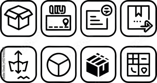 Delivery process icons order placed, processing, packed, shipped, out for delivery, delivered in square grid.