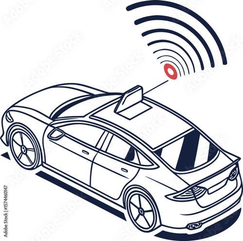 Flat icon of a modern self-driving car with radar waves or sensors on top, futuristic yet minimal style