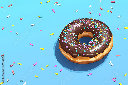 A colorful chocolate donut with sprinkles on a bright blue background, perfect for dessert themes