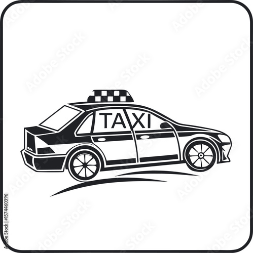 Flat vector icon of a car with a TAXI sign on the roof, bold lines, side view inside a square frame.