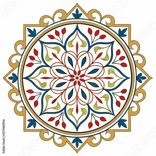 Folk Art Style Mandala Design with Decorative Borders 02