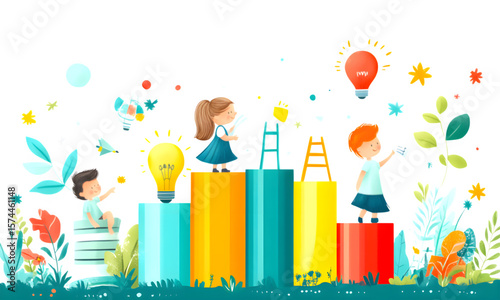 happy birthday card with balloons, A joyful cartoon child's birthday party illustration with colorful balloons and a celebratory gift design