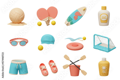 A collection of summer themed items including sports equipment and beach accessories displayed together