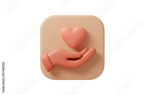 3d rendering of a hand holding a heart on a rounded square background, love and care concept design