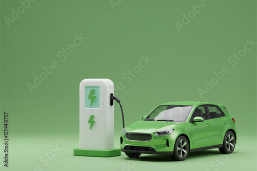 A green electric car charging at a white and green charging station in a green studio setting