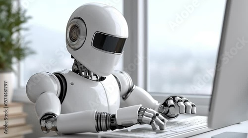 Modern Robot Sitting at a Desk and Working on a Computer, Symbolizing Artificial Intelligence and Automation